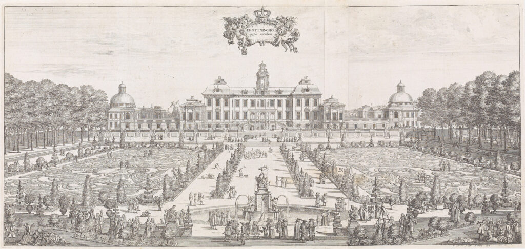 Drottningholms slott, avbildat 1692. Bilden visar slottet i bakgrunden, i förgrunden slotssträdgården med människor som går, sitter, står och arbetar i trädgården.