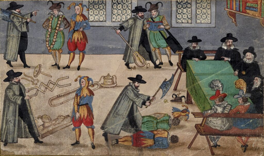 Bilden visar en illustration av nollning av studenter på 1540-talet, då kallad depositionsakt. Metoderna var brutala och förbjöds 1691. Målningen tillhör Uppsala universitetsbibliotek.