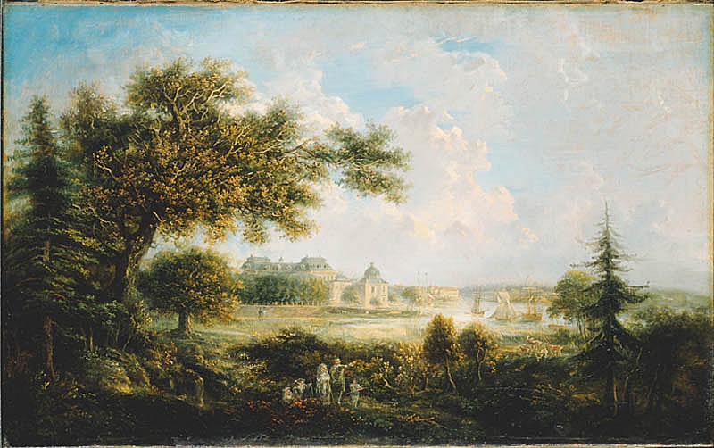 Oljemålning av landskap med stora träd. I fonden skymtas Drottningholms slott.